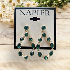 Napier 1 5/8" Gold Tone/Green/Rhinestone Teardrop Earrings-NWT